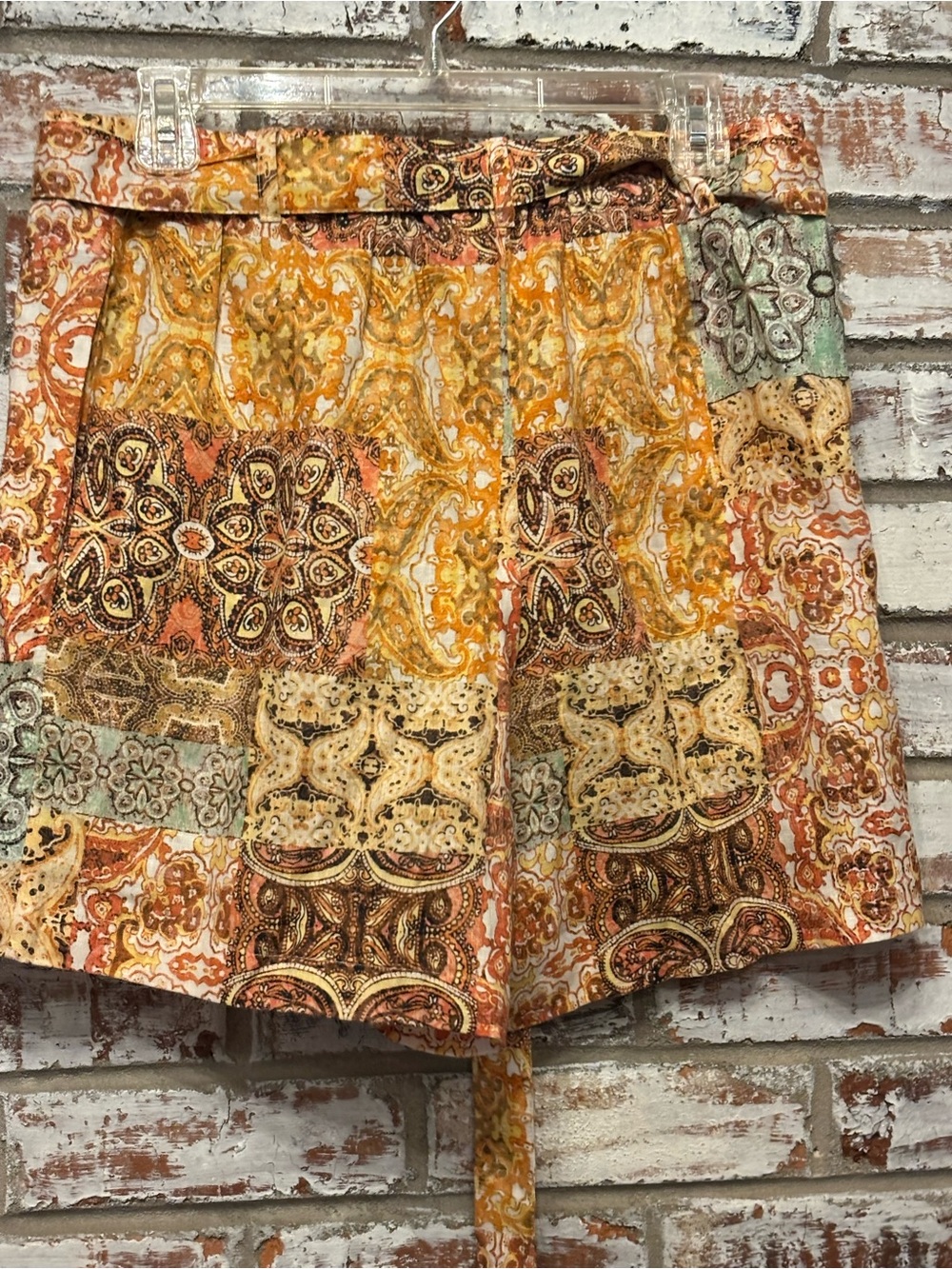 Beautiful Fall Johnny Was Patchwork High-Waist Shorts in Coral, Mustard